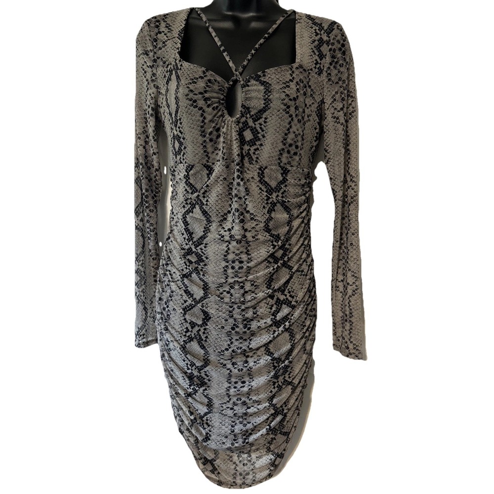 GUESS Womens Gray Snakeskin Print Ruched Mesh Keyhole Bodycon Dress Size M